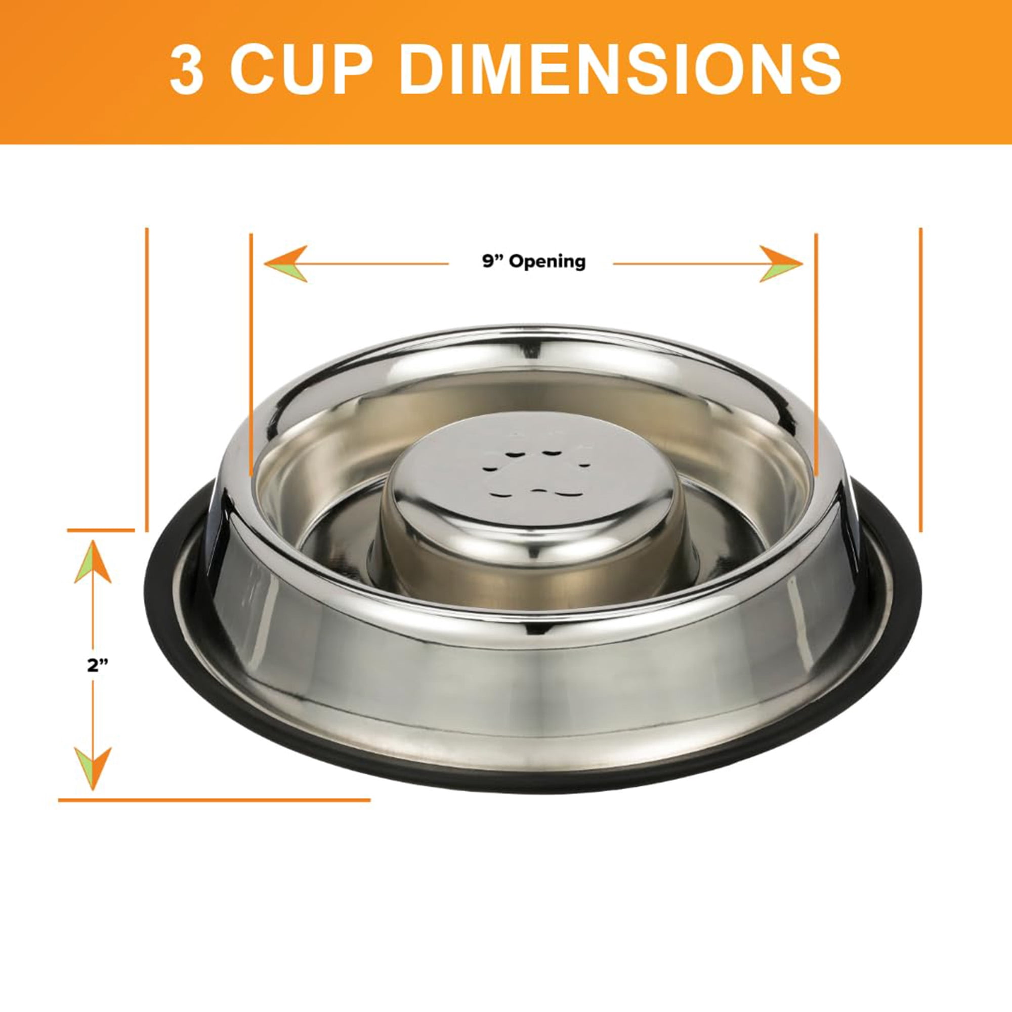 Stainless steel slow feeder dog bowl, non slip non tip pet bowl, stops bloat indigestion rapid eating for medium large dogs, 3 cup capacity, siler