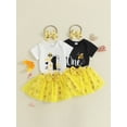 thumbnail image 3 of BemeyourBBs Infant Baby Girl First Birthday Outfit 1st Years Old Birthday Clothes Bee Letter Print Crew Neck Short Sleeve Romper Mesh Skirt and Bow Headband 3 Pcs Set, 3 of 9