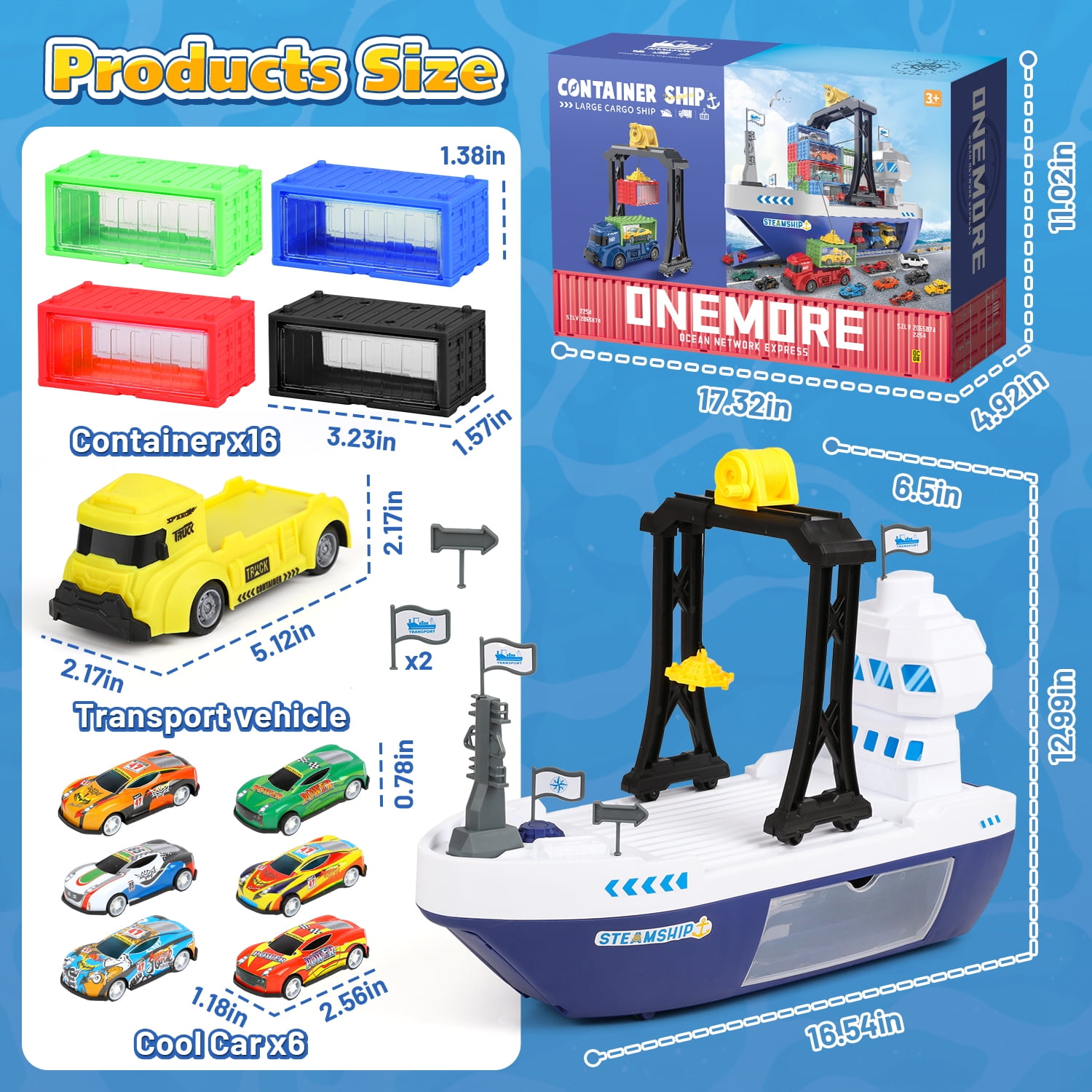 UQN Cargo Ship Toy & Gantry Crane for kids, Toy Boat and Crane Playset with 6 Race Cars and 12 Containers, Transport Cruise Ship, Cargo Boat Toys Birthday Gift for 3 4 5 6 7 8 Year Old Boys Kids
