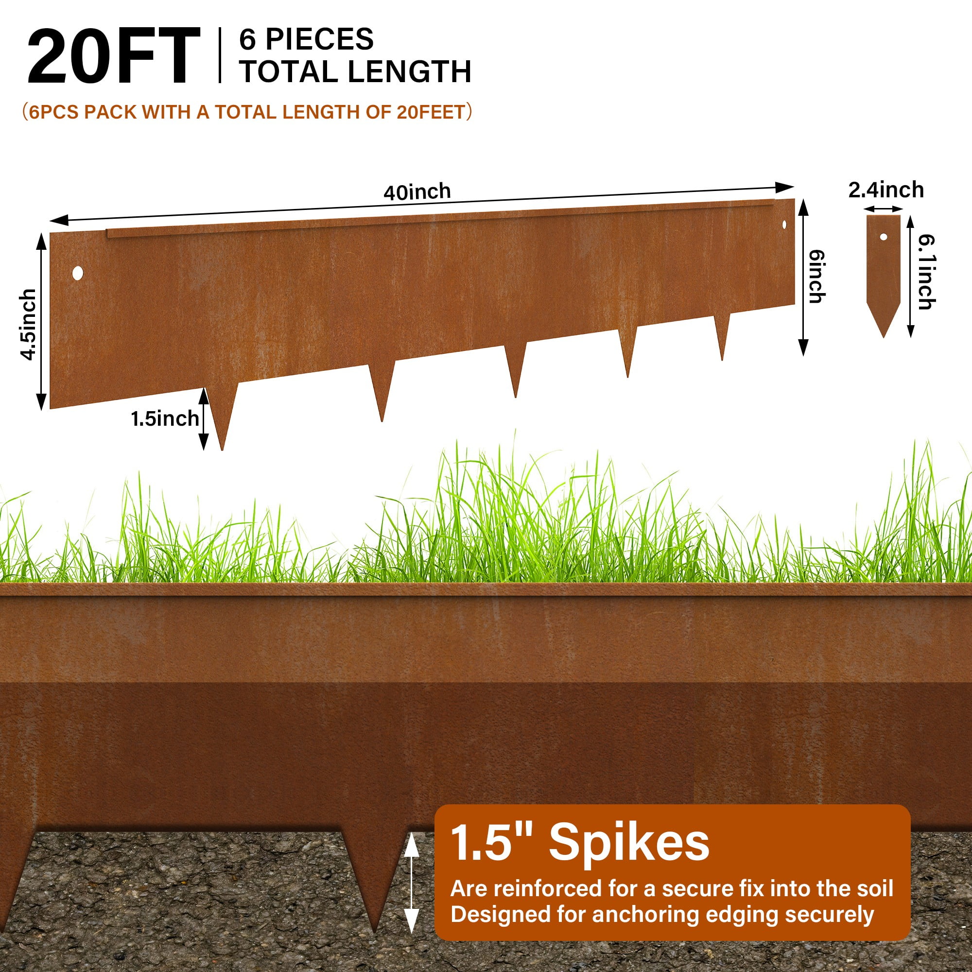 Rusty DIY Garden Edging for Landscaping Flower Bed Strips Corten Steel Metal Landscape Fence Borders Lawn Edge Divider Stakes Grass Plant Yard Outdoor Decorative No Dig Hammer-in, 6 Inches