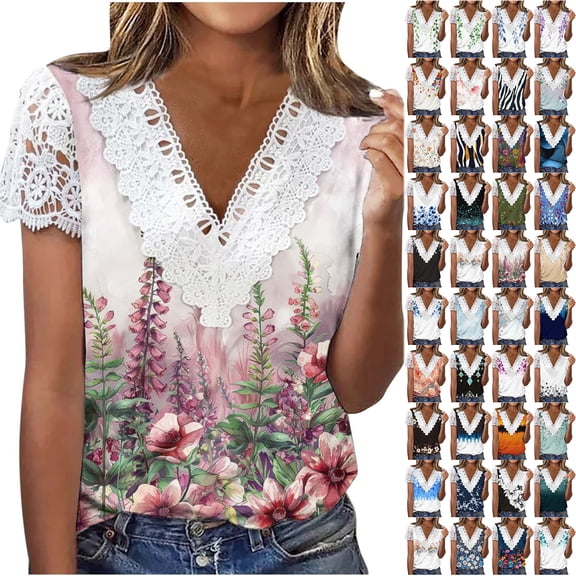 JTZGDY Lace Trim V Neck Tops for Women Dressy Casual Summer Floral Printed Crochet Eyelet Patchwork Cap Short Sleeve Tunic T-Shirts Fashion Graphic Tees Blouse Multicolor#38 XXL