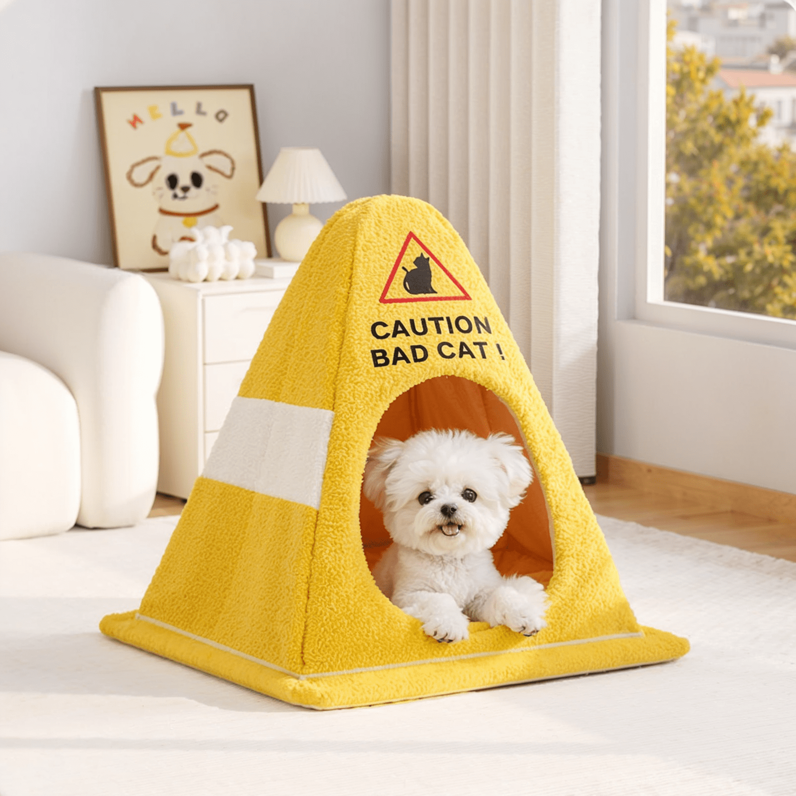 Funny Caution Bad Cat Bed, 2026 Cute Soft Fleece Cozy Zipper Pet House with Detachable Inner Padding
