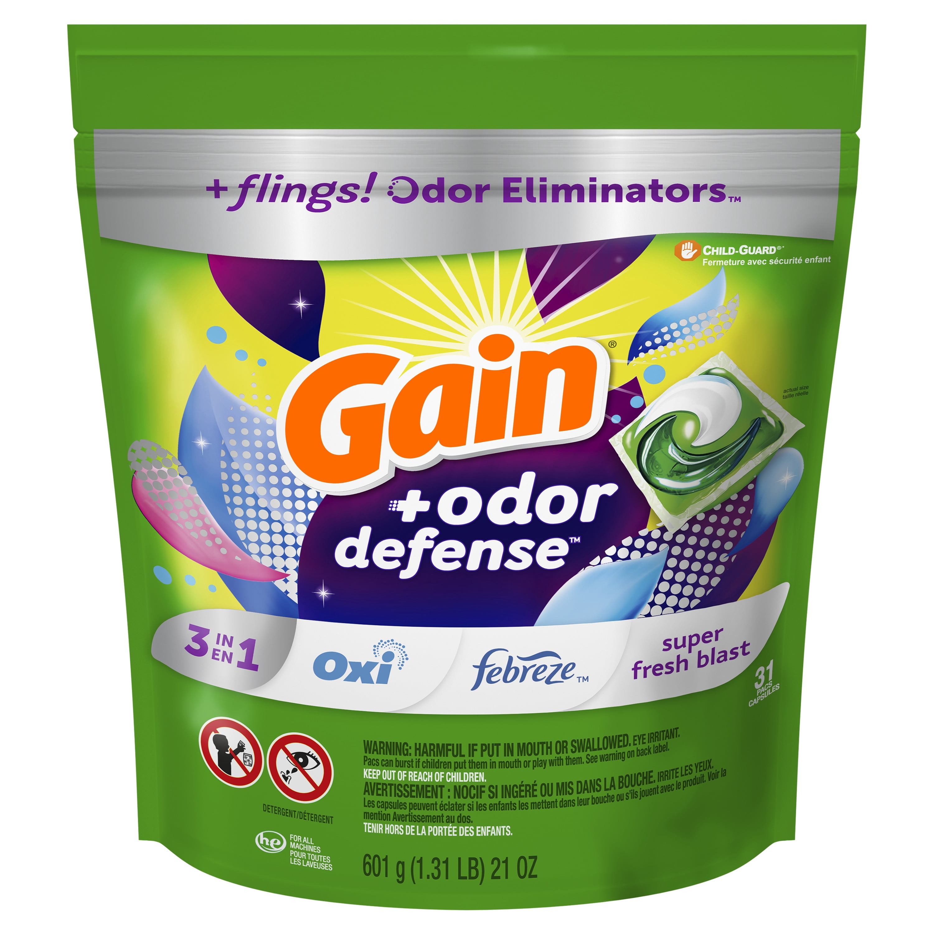 Gain Flings Laundry Detergent Pacs with Odor Defense, Super Fresh Blast Scent, 31 Count