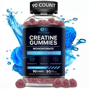EFFECTIVE NUTRA Creatine Gummies for Men & Women - Creatine Gummies for Strength, Muscle, Endurance, Energy and Focus - Natural Sour Blue Raspberry Flavor (90ct)