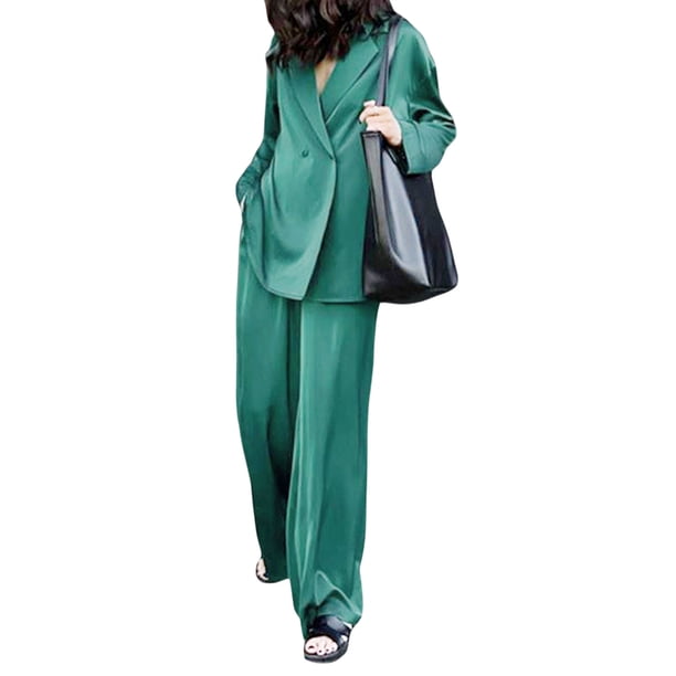Txlixc Traje de 2 piezas para mujeres, cuello de solapa, manga larga, chaqueta de doble fila + pantalones de piernas anchas Txlixc moda