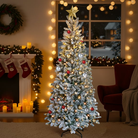 Ktaxon 7 FT Pre-Lit Christmas Tree,Snow Flocked Artificial Tree PE with 1100 Branch Tips, 400 Lights for Holiday Party Office Home
