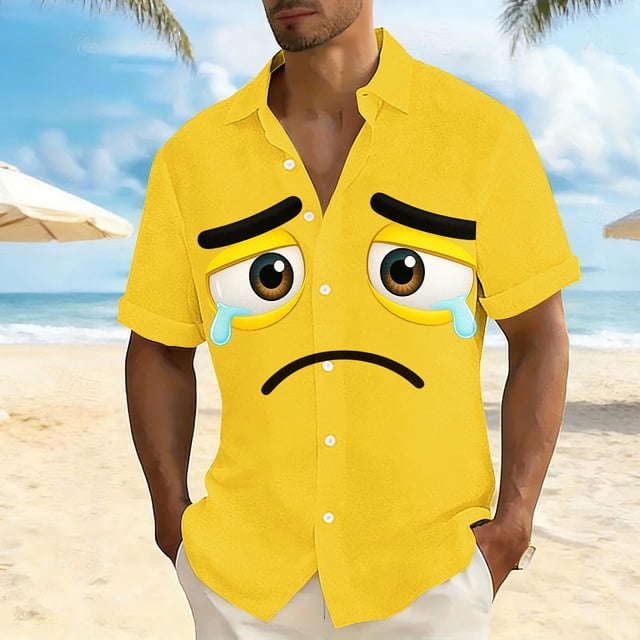 Ceisia Men's Funny Expression Print Short Sleeve Button Down Casual Beach Shirt Yellow XXXXXL Gifts