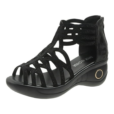

Ladies Summer Fashion Rhinestone Hollow Out Open Toe Zip Slope Heel Outside Wear Large Size Sandals Roman Shoes Double Buckle Sandals for Women Size 13 Women Sandals Size 11w