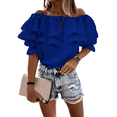 thumbnail image 2 of Women Fashion Wild Shirts Solid Color Boat-Neck Off-Shoulder Half Sleeve Chiffon Blouses Summer Casual Ruffles Tie-Up Tops, 2 of 10
