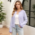 thumbnail image 3 of Resicozy Womens Striped Cardigans Lightweight Casual Button Up Sweaters Long Sleeve Loose Knit Cardigan Sweater Fall Spring Light Purple M, 3 of 5