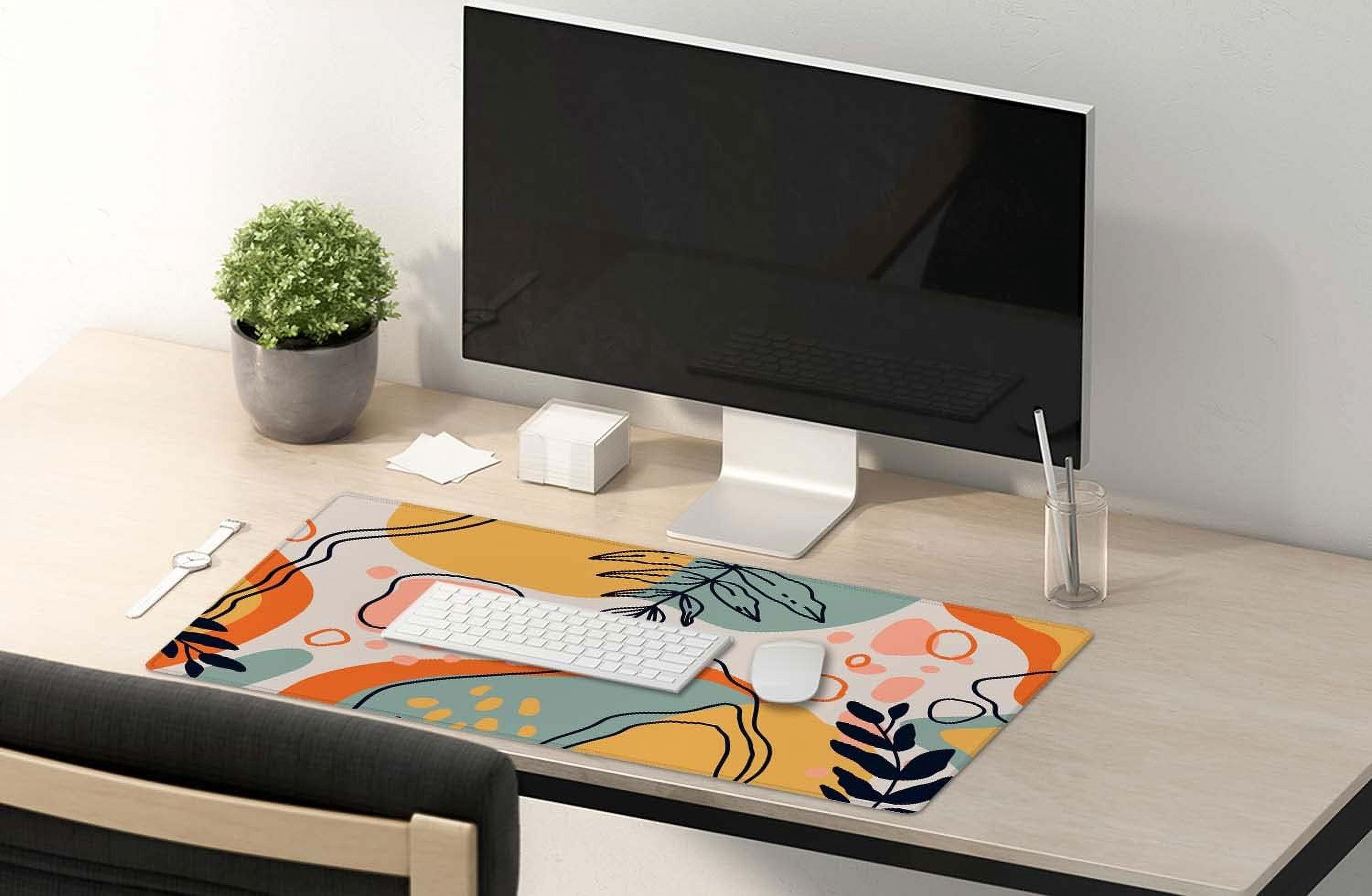 Colorful Floral Boho Desk Mat, Abstract Desk Mat, Extended Mouse Pad, Extra Large Desk Mat, Large Mouse Pad Non-Slip Water-Resistant Rubber Base Computer Keyboard Mouse Mat, 35.4 x 15.7-inch