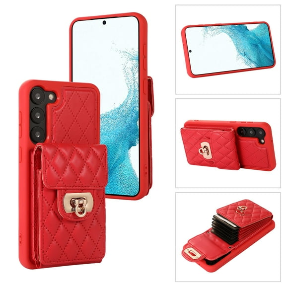 SaniMore for Samsung Galaxy S23 Plus PU Leather Case, Multi-Functional Metal Snap Wallet Cover with Card Slot & Kickstand Shoulder Strap Full Body Protective Shell for Samsung S23 Plus, Red
