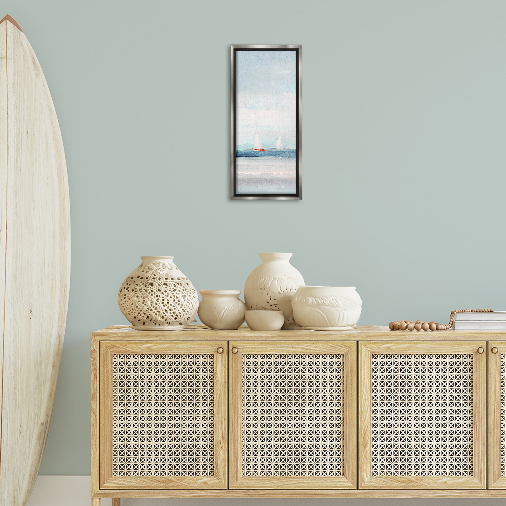 Stupell Industries Sailboat Pair Floating Nautical & Beach Painting Gray Floater Framed Canvas Art Print Wall Art, 11 x 25
