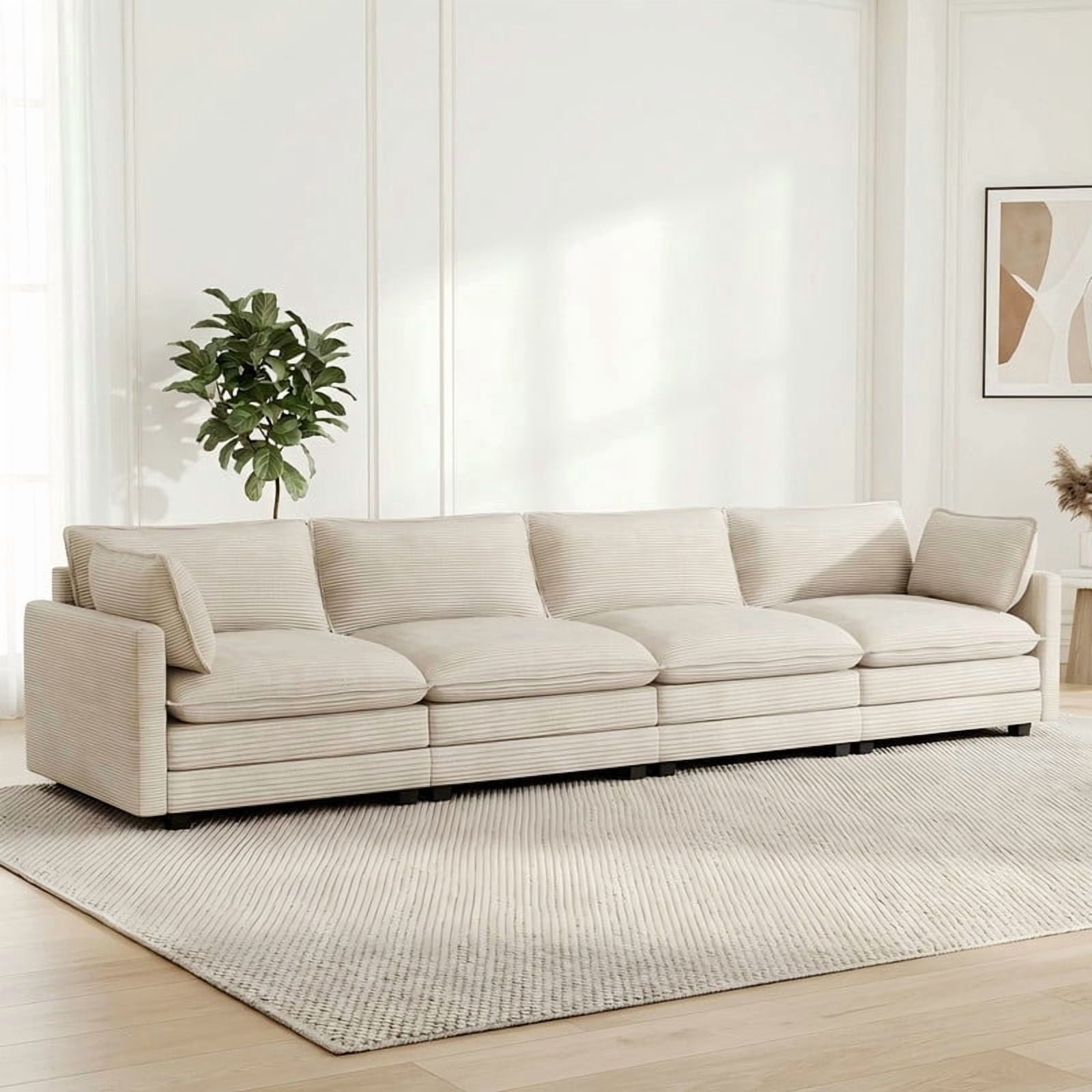 RIAFUN Oversized 4-Seat Modular Corduroy Sectional Cloud Couch, Deep Seat Upholstered Sofa with 2 Throw Pillows, Cozy Living Room Furniture, Beige