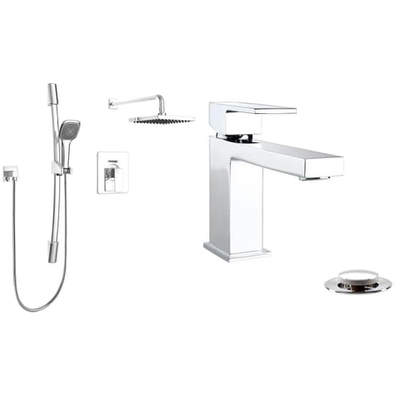 10% Savings Quadrato Pressure Balanced Shower System and Single Handle Bathroom Faucet, Polished Chrome