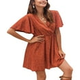 thumbnail image 3 of Femmes Casual Mousseline Mini Robe Manches Courtes Point Imprimé V Cou Taille Haute une Robe de Ligne d'Été Robe de Plage, 3 of 7