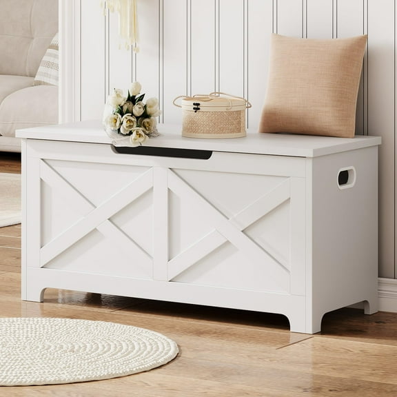 KOKEBREN 39.4"L Storage Chest, Wooden White Toy Storage Bench, Modern Style Lift-Top Toy Chest with Safety Hinge for Entryway, Bedroom, Living Room
