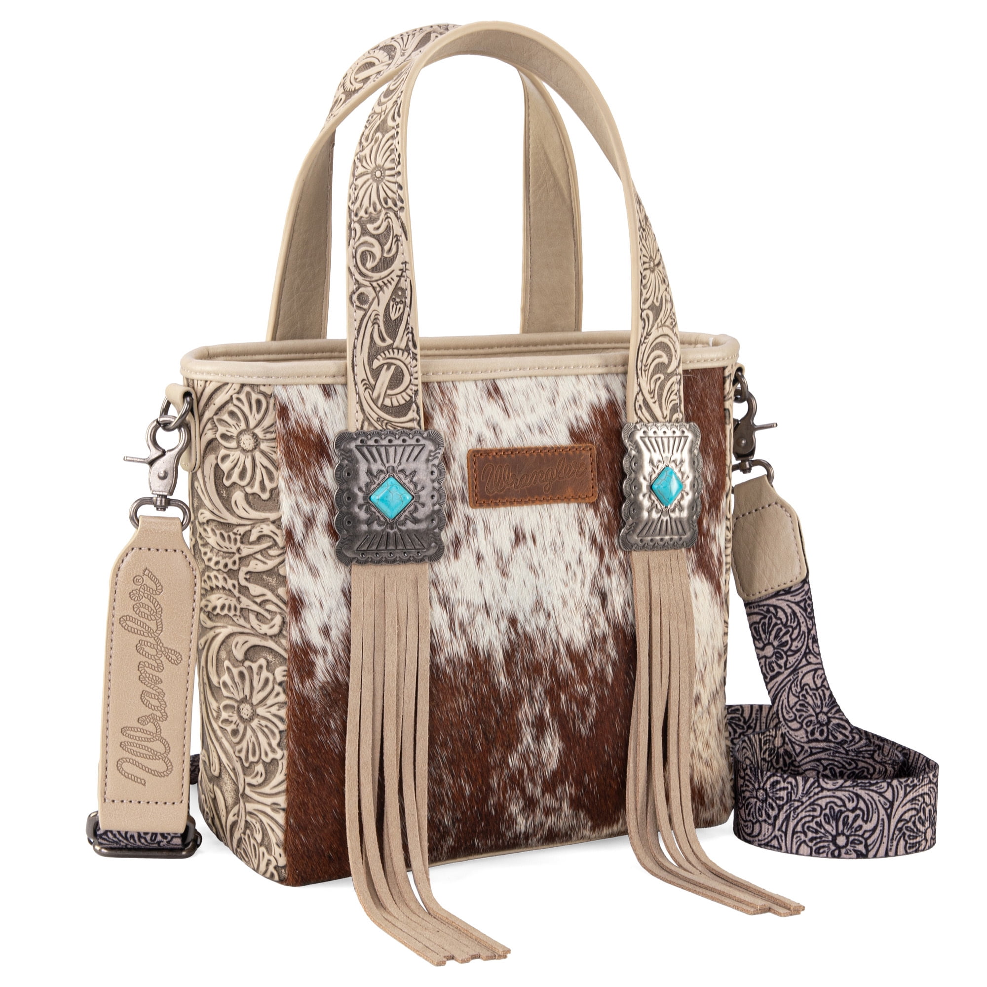 Wrangler Cowhide Tote Bag for Women Western Tooling Handbag Leather Fringing with Turquoise Stone Concho, Cowhide Beige