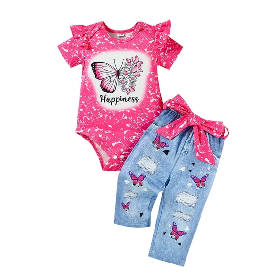 Xudanell Baby Girl Clothes Toddler Girl Outfits Infant Ruffle Shirt Denim Ripped Jeans Cute Clothing Set (Hot Pink, 6-9 Months)