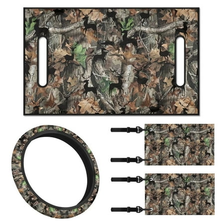 XYZCANDO Deer 4 Pack Golf Cart Seat Covers Hunting Tree Golf Cart Steering Wheel Covers 2 PCS Golf Cart Flags Golf Cart Towel Seat Covers Anti Slip Steering Wheel Protector Small Flag Brown