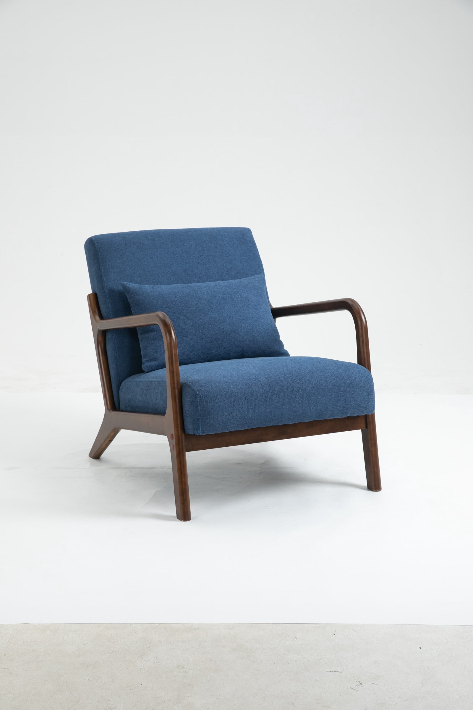 Mid Century Modern Accent Chair Upholstered Living Room Chair with Waist Cushion Wood Frame Reading Armchair for Bedroom Sunroom Indoor Lounge Chair, Dark Blue