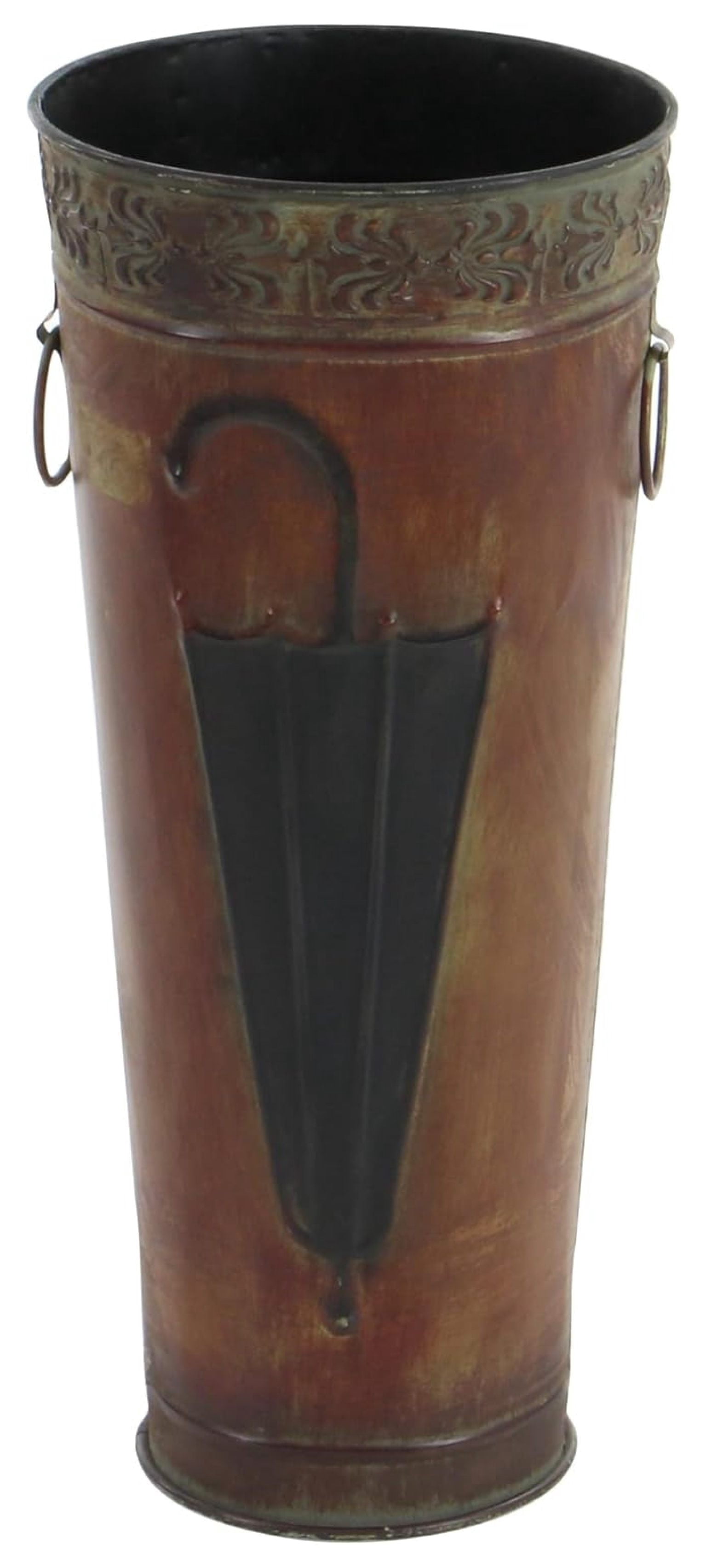 Metal Umbrella Stand with Umbrella Image and Handles, Set of 2 21", 17"H, Brown