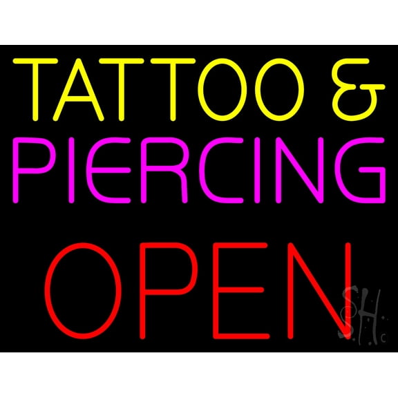 Tattoo and Piercing Block Open LED Neon Sign 24" Tall x 31" Wide - inches Black Square Cut Acrylic Backing, with Dimmer - Premium built indoor Sign for Storefront, Store interior, Studio.