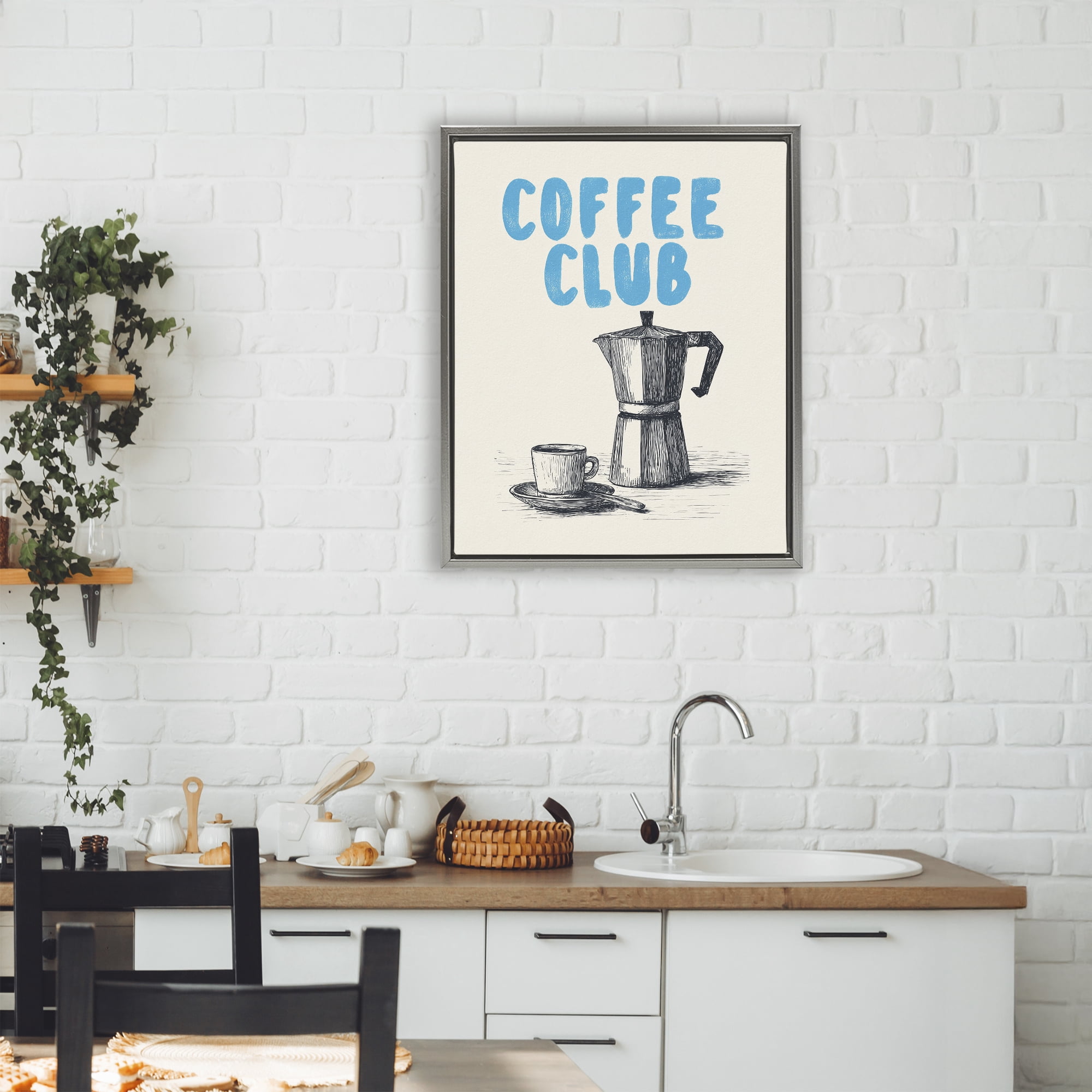 Stupell Industries Coffee Club Retro Drawing Gray Framed Floater Canvas Wall Art, design by Andreas Magnusson