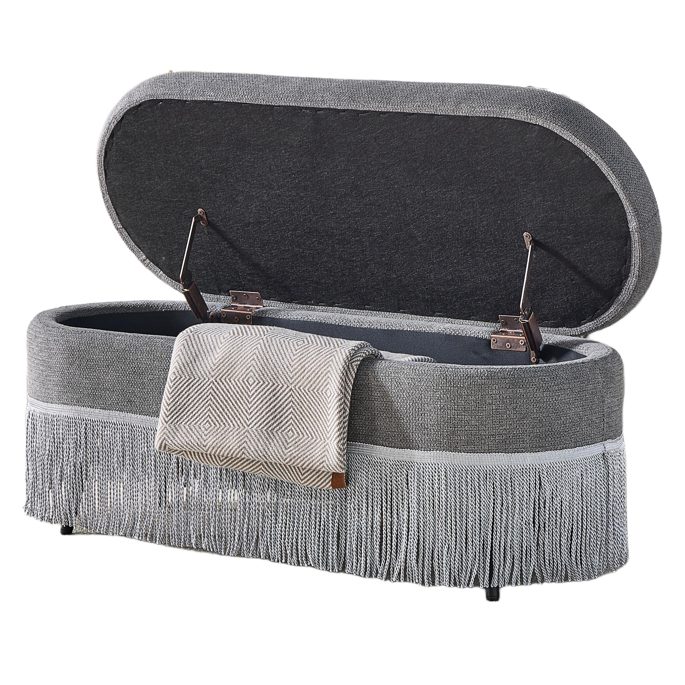 Noble House Ciara 39" Oval Upholstered Storage Ottoman, Lift Top Bench with Boho Fringe Trim, Multi-Functional Footrest, Gray