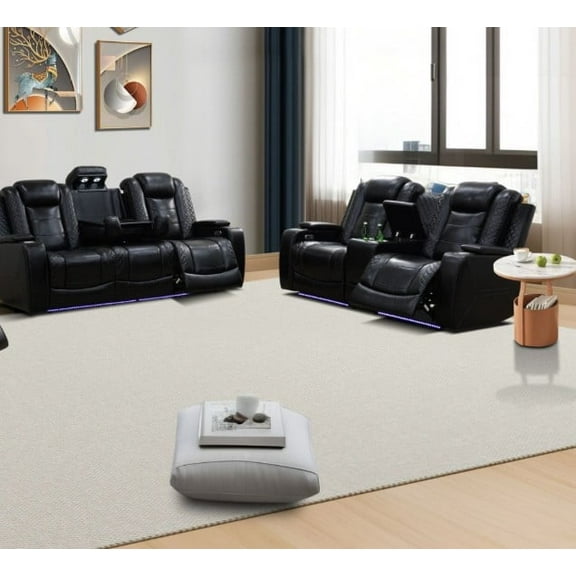 Black Breathing Leather 2-Piece Living Room Recliner Sofa set