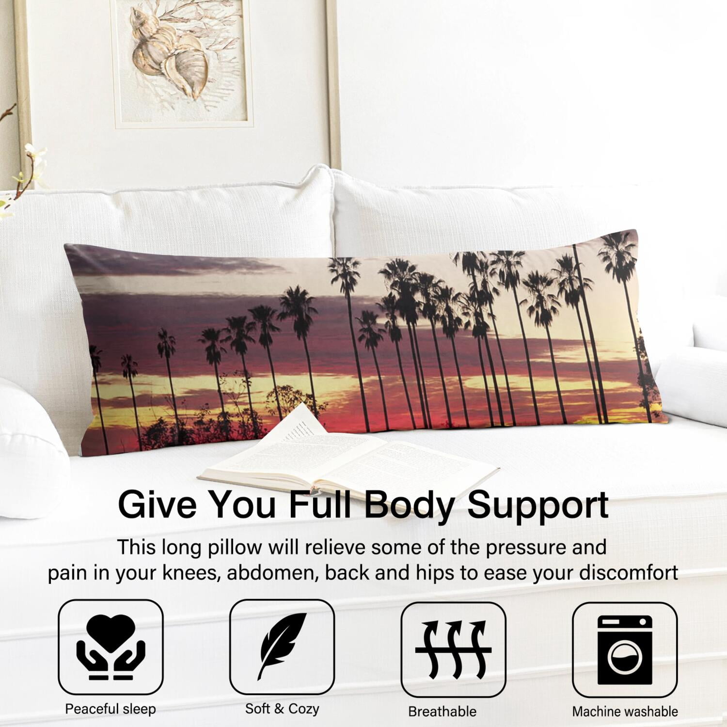 Hawaii Palm Tree Long Body Pillow Cover - 20"x54" Full-Length Pillow Case with Zipper, Minimalist Ocean Sunset Print, Cozy & Multipurpose