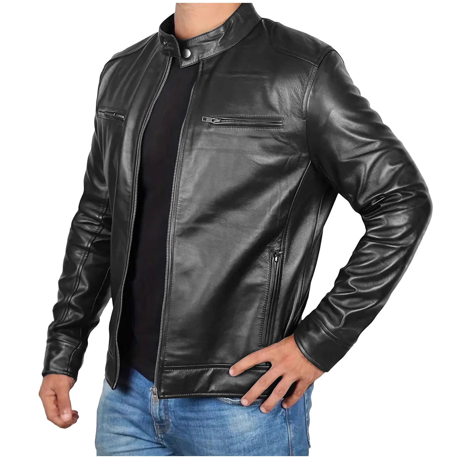 RYDCOT Men Leather Jacket Outerwear Retro Fashion PU Leather Long Sleeved Stand Collar Coat with Zipper Pockets Black