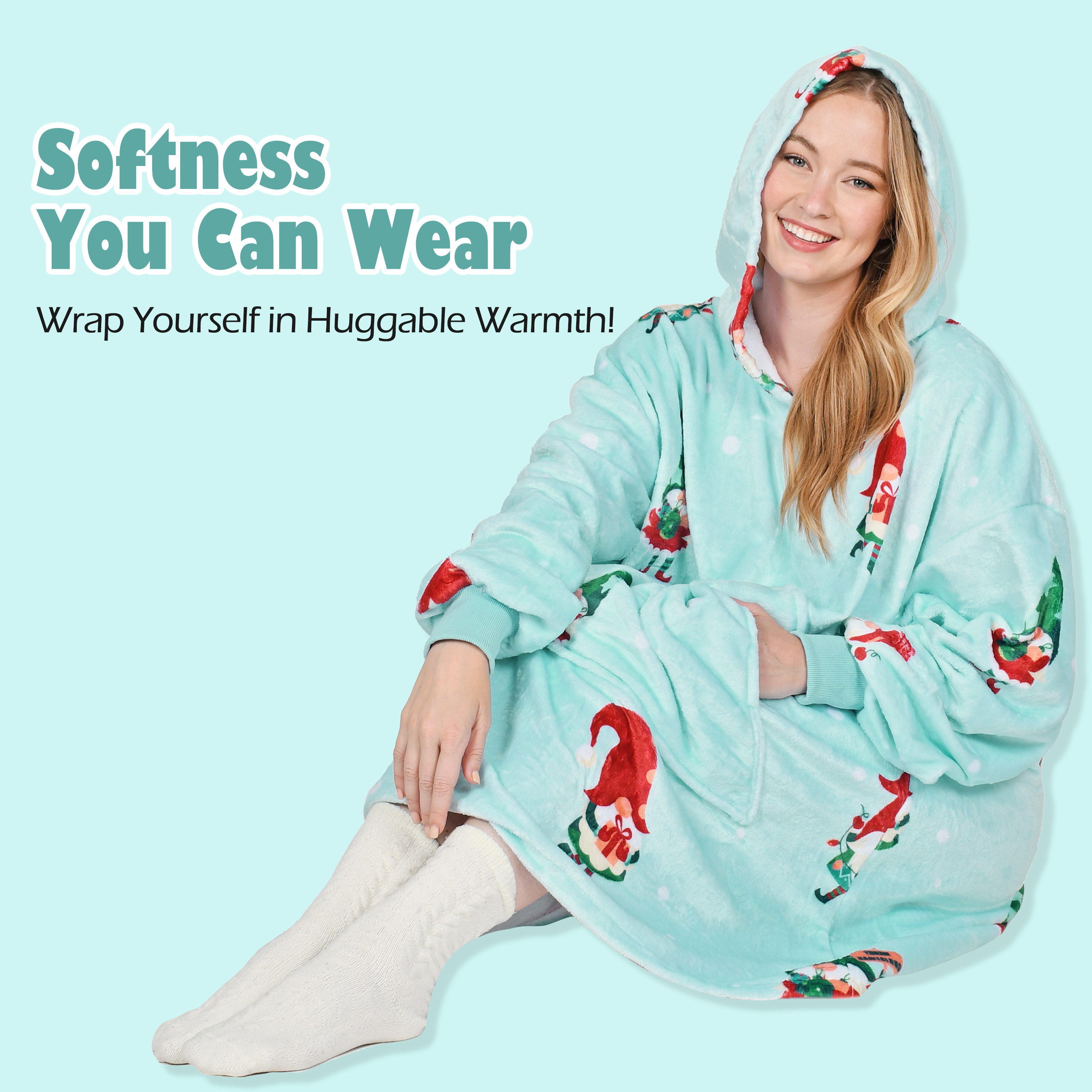Catalonia Xmas Elf Print Oversized Blanket Hoodie Sweatshirt, Wearable Fleece Pullover for Adults Men Women, Ugly Christmas Sweater