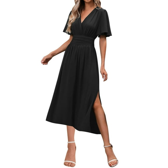 RYDCOT Maxi Dresses for Women 2025 formal Short Sleeve Wrap V Neck Elegant Long Dresses Slit Cocktail Dresses for Women Wedding Guest Black