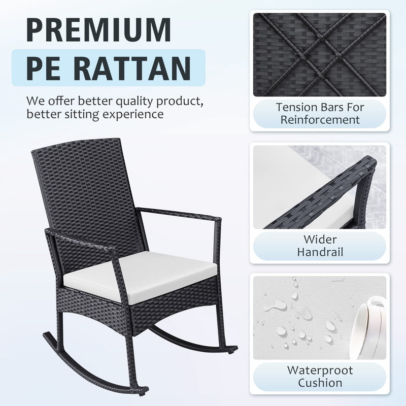 Devoko 3 Pieces Patio Rattan Rocking Chair Set with Cushion and Table Outdoor Porch and Garden Furniture, Beige