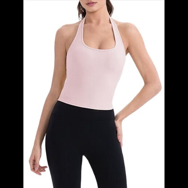 Top Corto con Cuello Halter para Mujer, Cuello en V, para Hacer Ejercicio, Salir, Sin Mangas, Espalda Descubierta, Camisola de Verano . Polvo de Ballet M