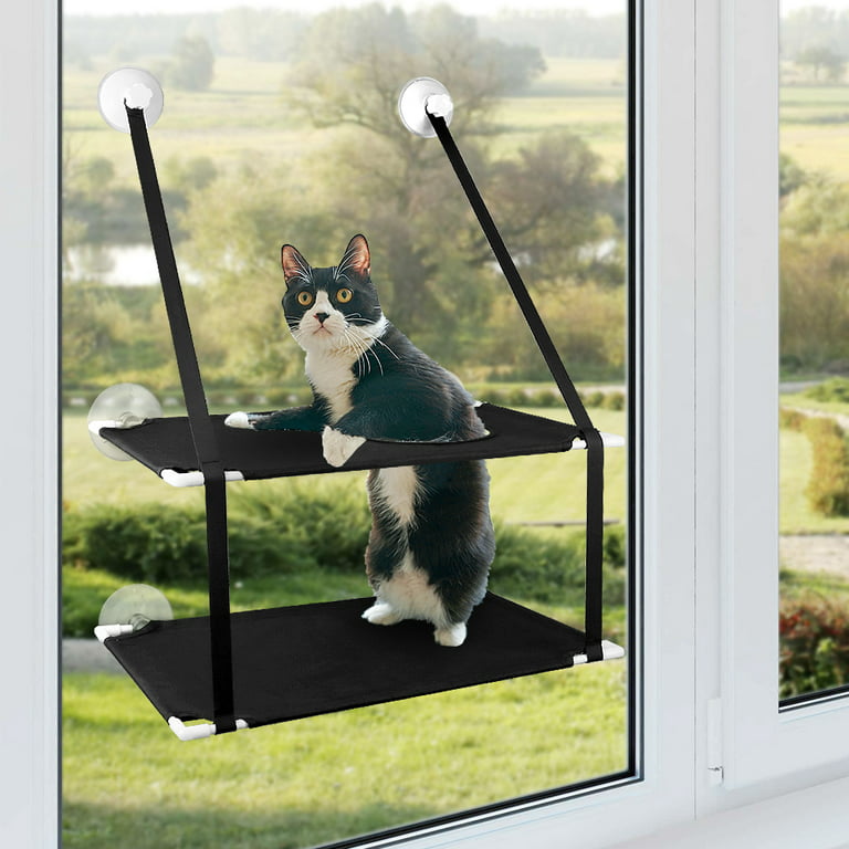 Upgraded Cat Window Perches Wood,Cat Hammock for Large Cats,2-in-1 Cat Bed  Window and 360° Cat Perch Window,Stable Window Seat for 2 Cats Up to 40