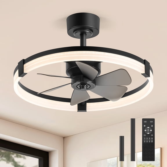 ALKAFY 23 inch Black Caged Ceiling Fan with LED - 6 Blue-gray Blades and Remote Control, for Bedroom and Living Room
