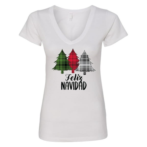 Inktastic Feliz Navidad Plaid Trees Women's V-Neck T-Shirt