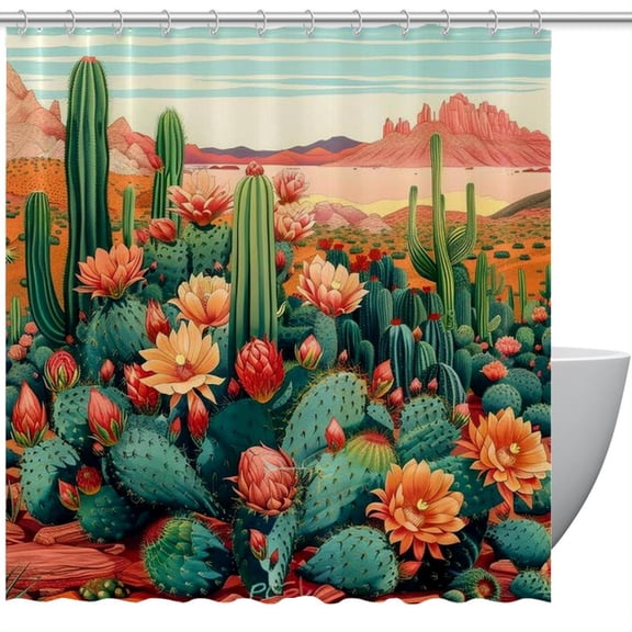 Cactus Waterproof Printed Shower Curtain Set with Hooks for Bathroom Decoration