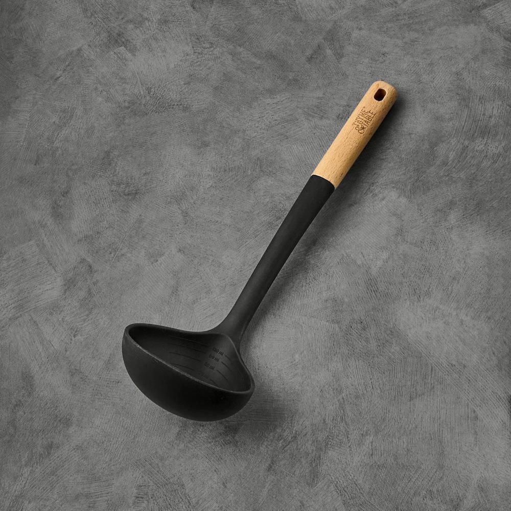 Thyme & Table Silicone Ladle with Beechwood Handle, Black, Ladle