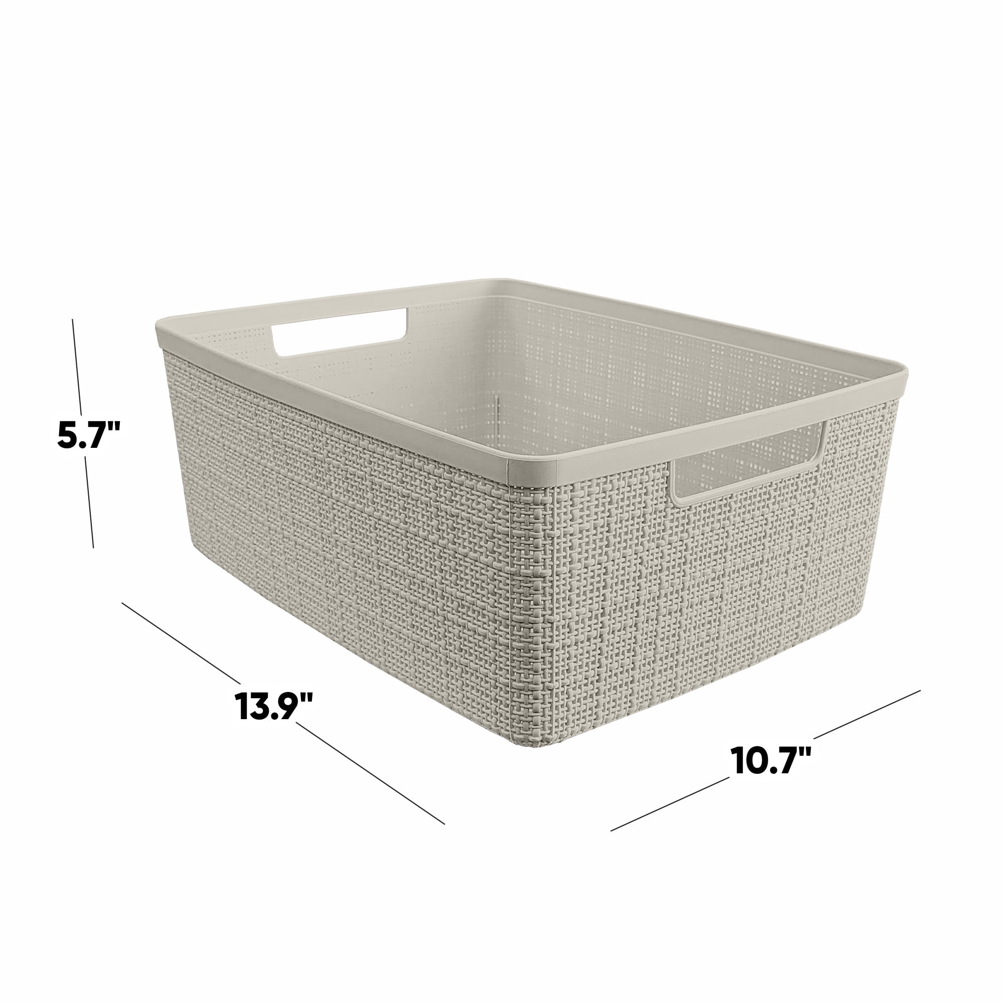 (3 pack) Curver Jute Medium Beige Plastic Storage Basket, 14 in x 10.7 in x 5.7 in