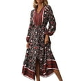 thumbnail image 2 of hirigin Women Bohemian A-line Dress, Adults Geometric  Flower Print Puff Sleeve V-neck Slit One-piece, 2 of 9