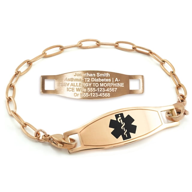 MedicEngraved Rose Gold Stainless Steel Custom Medical Alert Bracelet - 4mm Paperclip Link