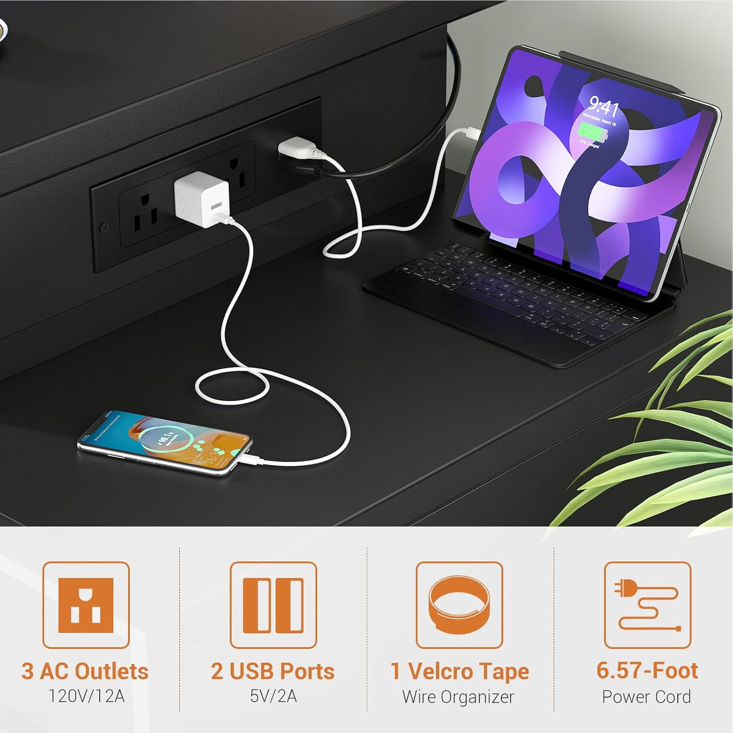 Homieasy 53" Gaming Desk with 2 Fabric Drawers, LED Lights & Pegboard, Reversible Computer Gaming Desk with Power Outlets, Writing Desk with Monitor Stand for Home & Office, Black