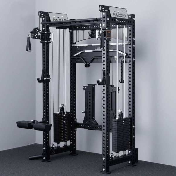 Mikolo Anubis-2.0 Smith Machine with Weight Stack, 3“×3” All-in-One Power Cage with LAT Pulldown & Cable Crossover, 3200LBS Multi-Function Trainer with Aluminum Pulley System with Weight Bench