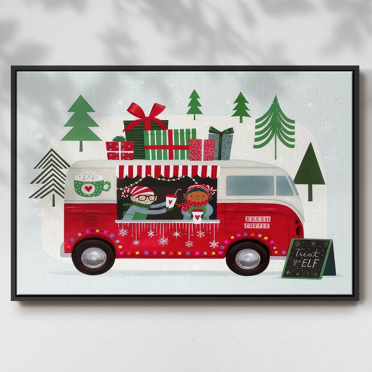 Santa's Foodtruck Collection A - Framed Gallery Wrapped Holiday Canvas - 25 x 37 - Black Frame