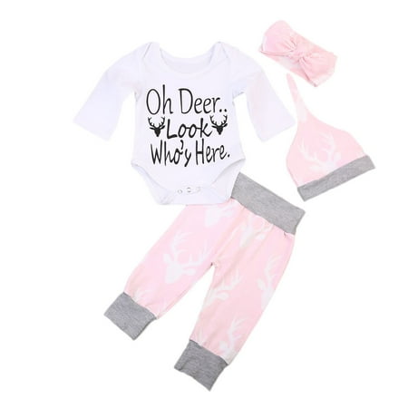 4PCs Newborn Baby Deer Outfit Hunting Baby Boy Girl Christmas Outfit Shower Infant Clothes Pant Set Hat Headband Fall Winter Clothes
