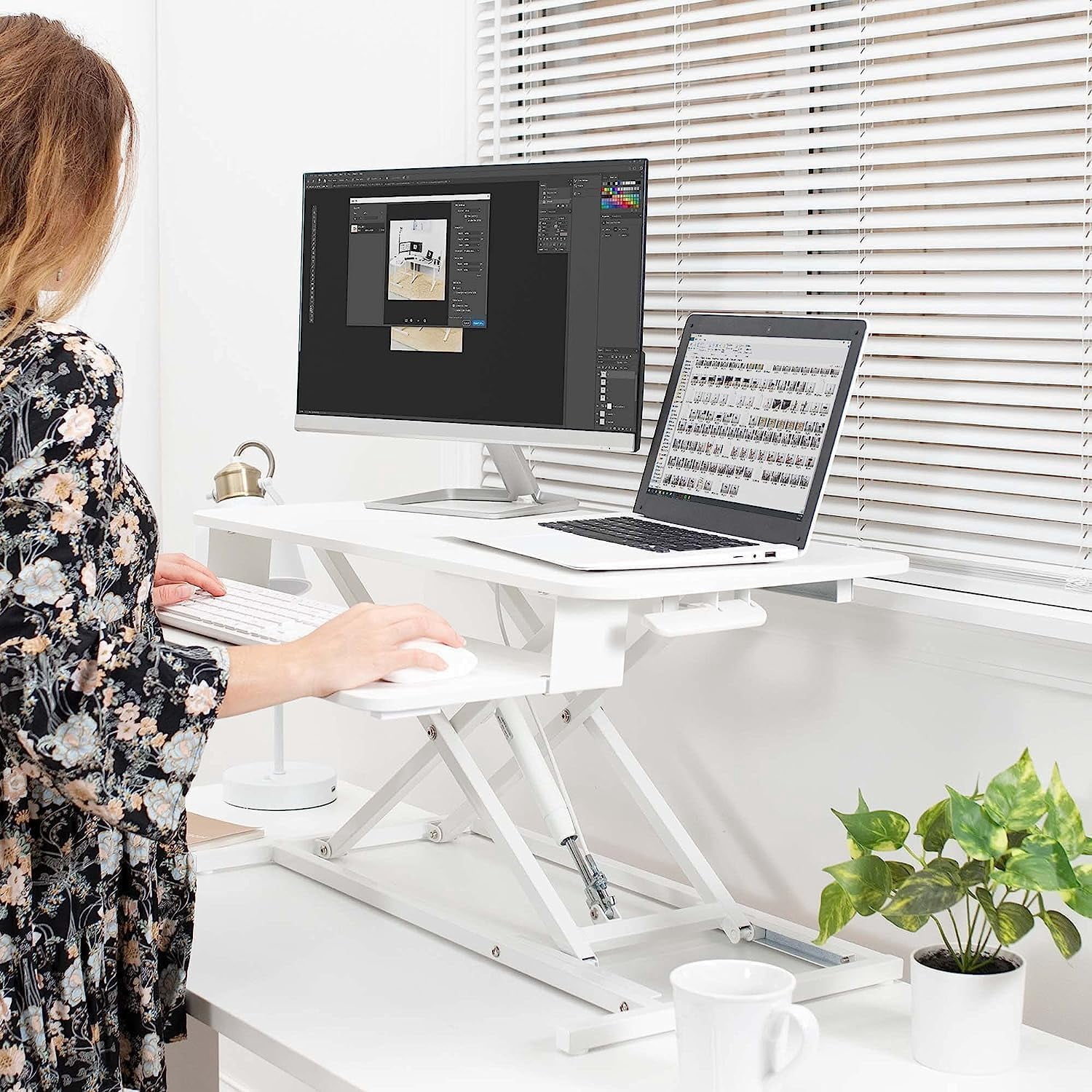 Pawverly 32” Standing Desk Converter, Adjustable Sit Stand Riser for Dual Monitor & Laptop, Spacious Keyboard Tray Workstation, Ergonomic Office Desk Converter White