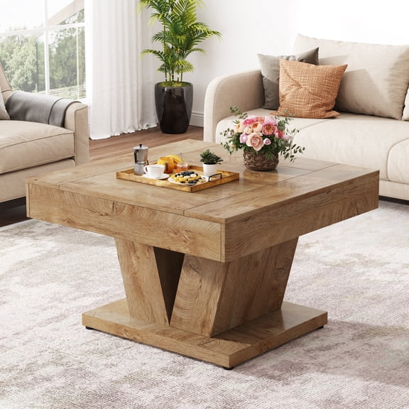 Finmnd 31.5" Square Coffee Table, Modern Wood Center Table Accent for Living Room, Light Brown